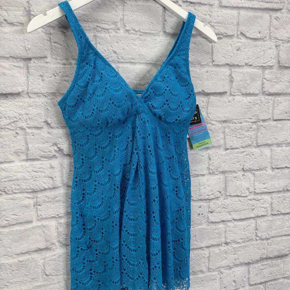 Swim Solutions One Piece Flyaway Slimming Swimsuit Teal Blue Size 10 Crochet New - Picture 4 of 8